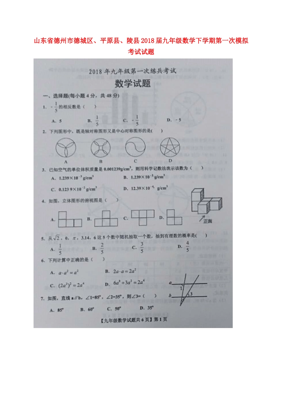 山东省德州市德城区、平原县、陵县九年级数学下学期第一次模拟考试试卷试卷_第1页