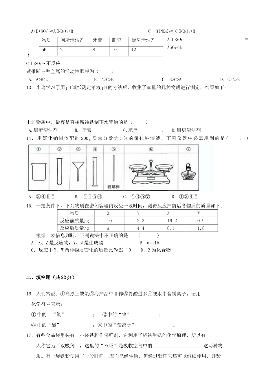 九年级化学下学期 个适课堂 第一次月考试卷 新人教版试卷_第2页