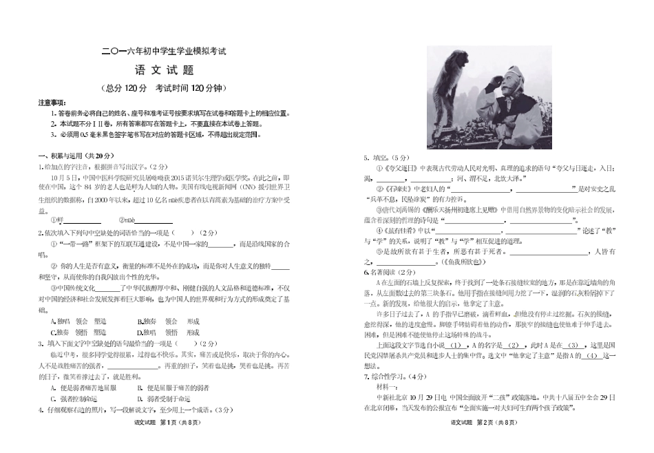 初中语文毕业班下学期学业模拟试题(pdf) 1010125_第1页