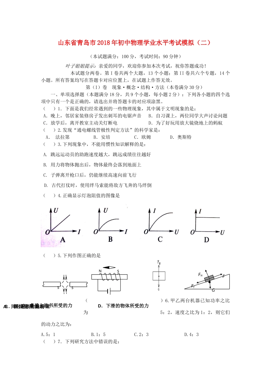 初中物理学业水平考试模拟(二)(无答案) 试题_第1页