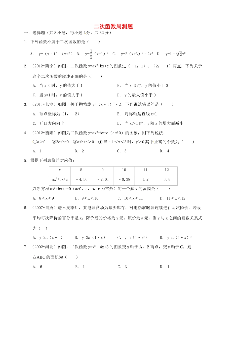 九年级数学上册 二次函数周测题 新人教版试卷_第1页