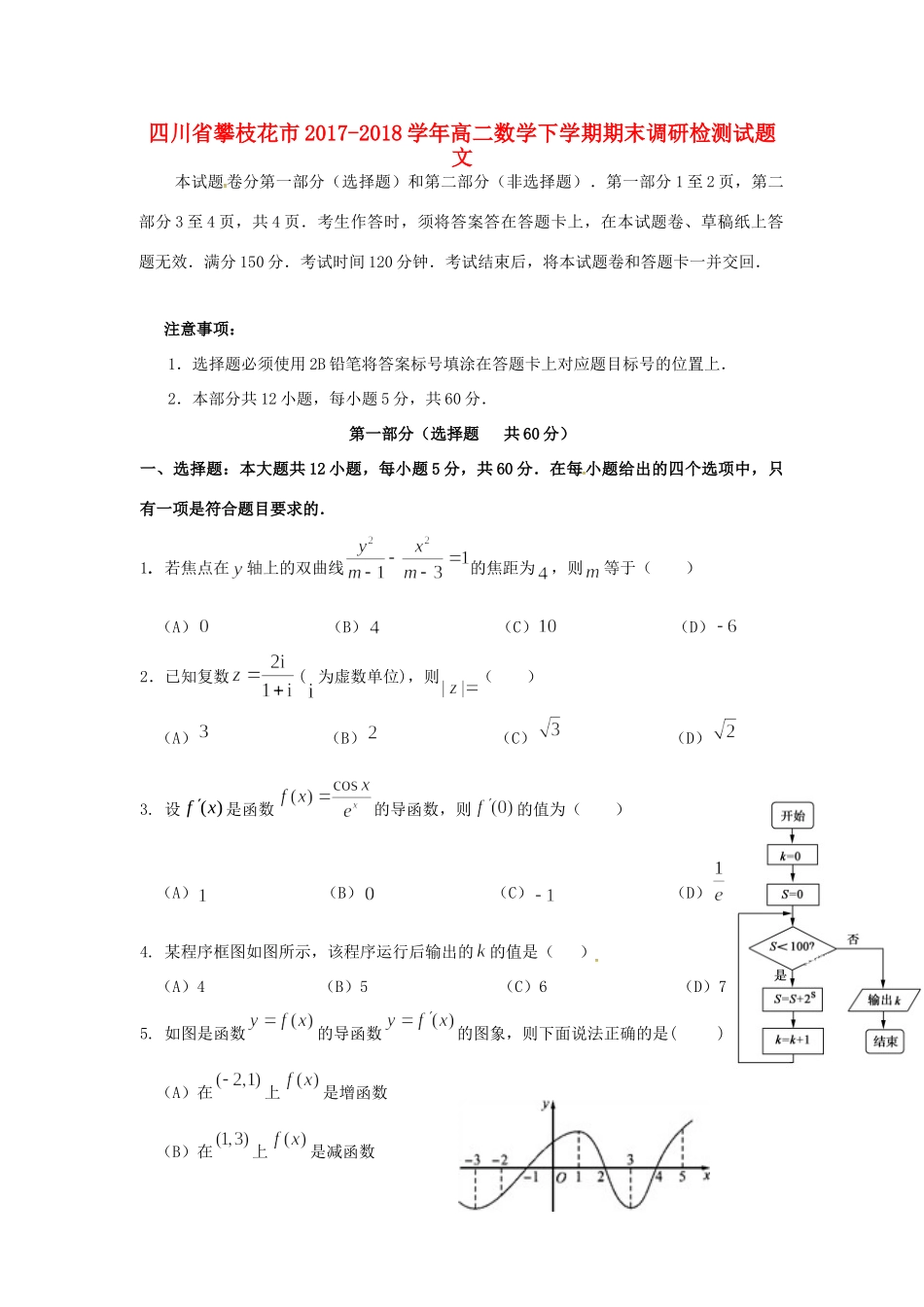 四川省攀枝花市 高二数学下学期期末调研检测试卷 文试卷_第1页