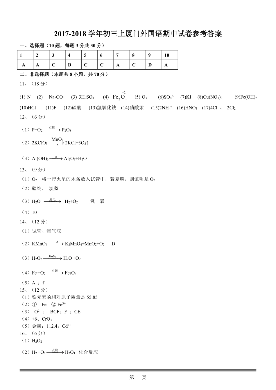 九年级化学上学期阶段性考试试卷答案(pdf) 新人教版 福建省厦门市九年级化学上学期阶段性考试试卷(pdf) 新人教版_第1页