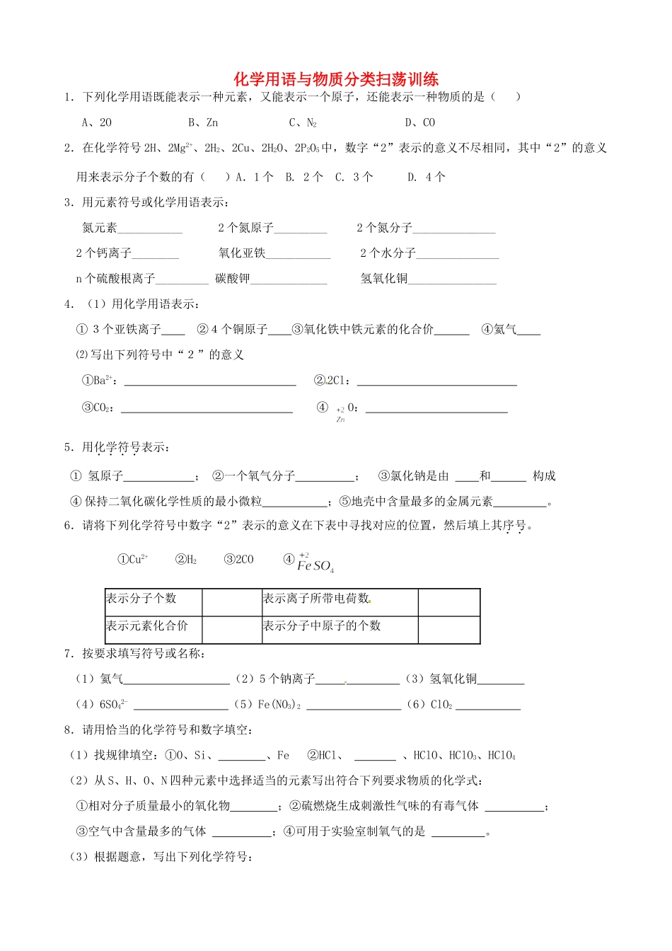 九年级化学 用语与物质分类扫荡训练试卷_第1页