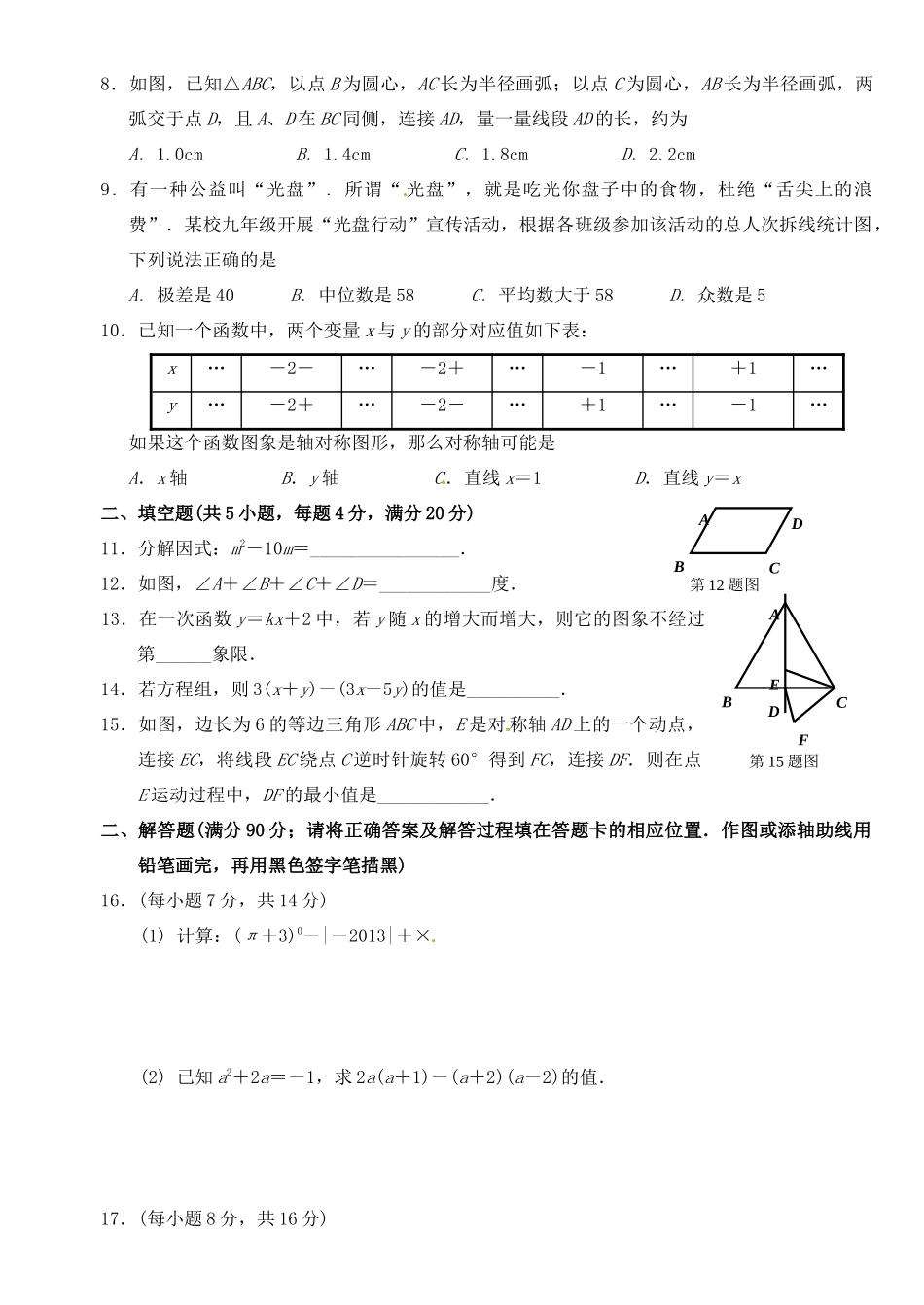 九年级数学周练15试卷_第2页
