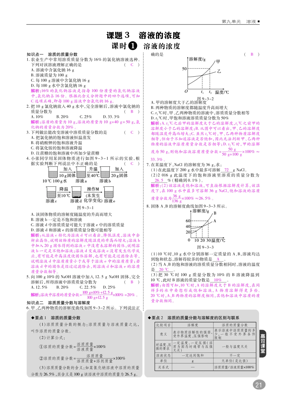 九年级化学下册 10分钟掌控课堂 第9单元 溶液 课题3 溶液的浓度(pdf)(新版)新人教版试卷_第1页
