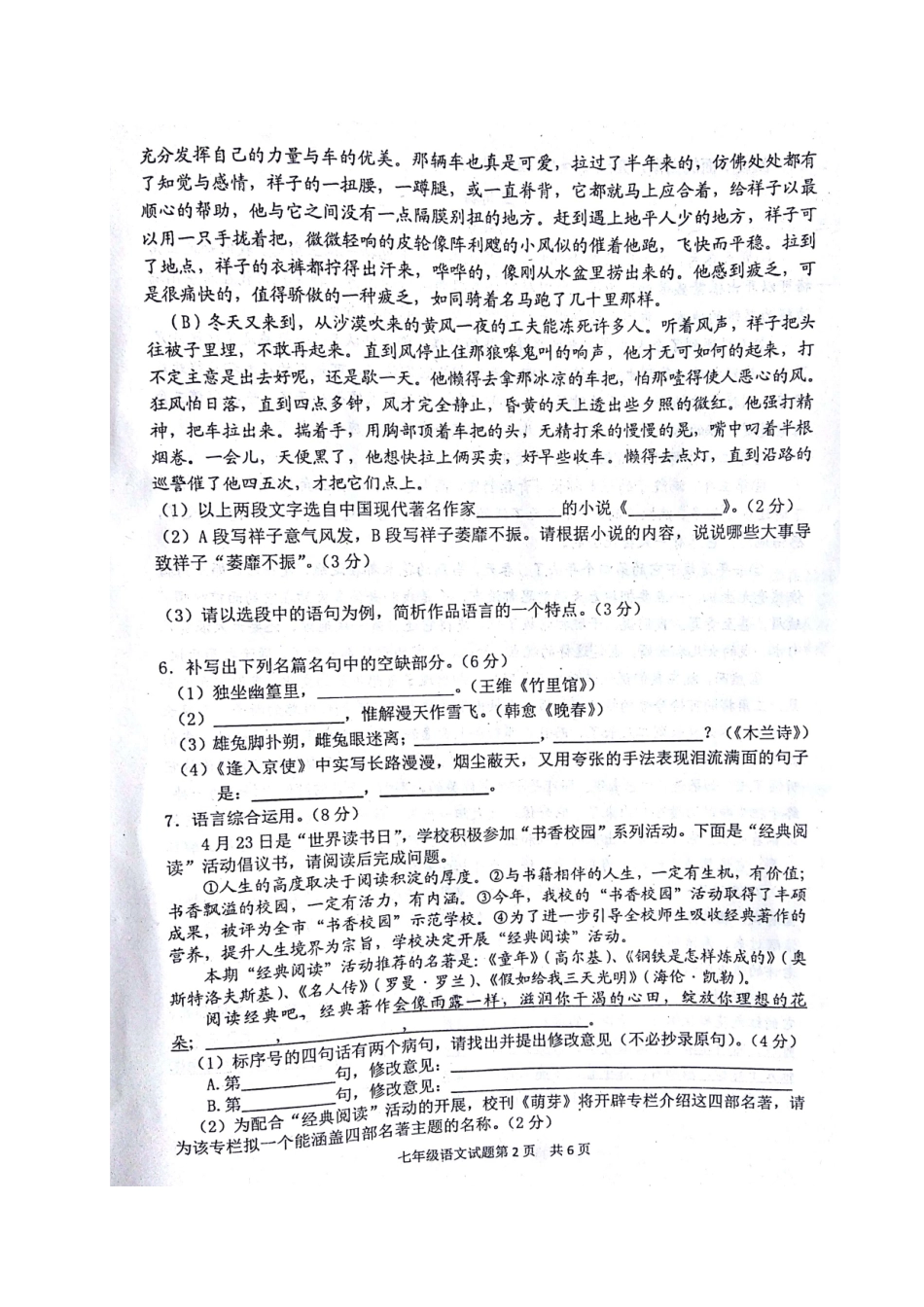 山东省临沂市经济开发区七年级语文下学期期中试卷试卷_第2页