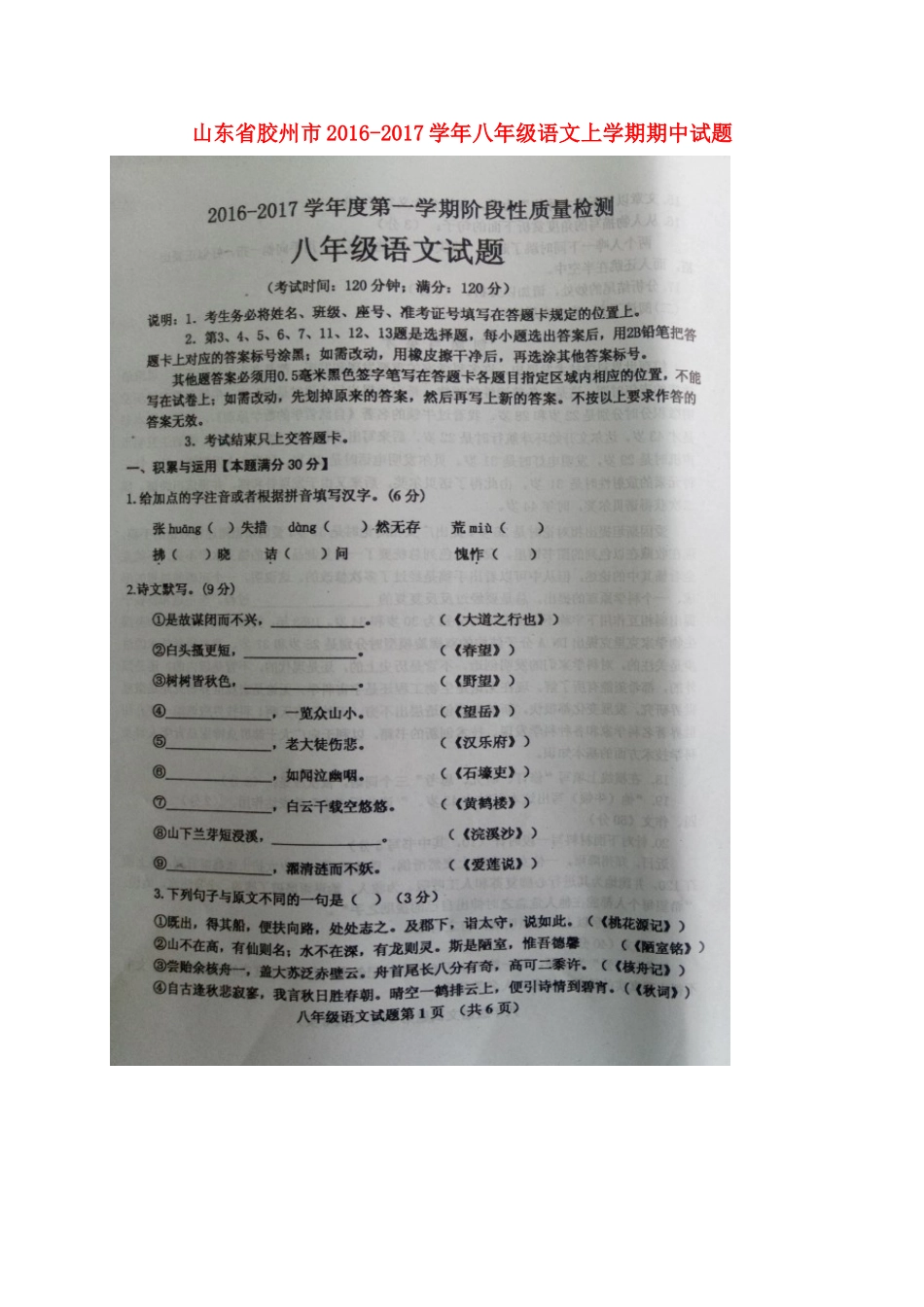 山东省胶州市 八年级语文上学期期中试卷新人教版试卷_第1页
