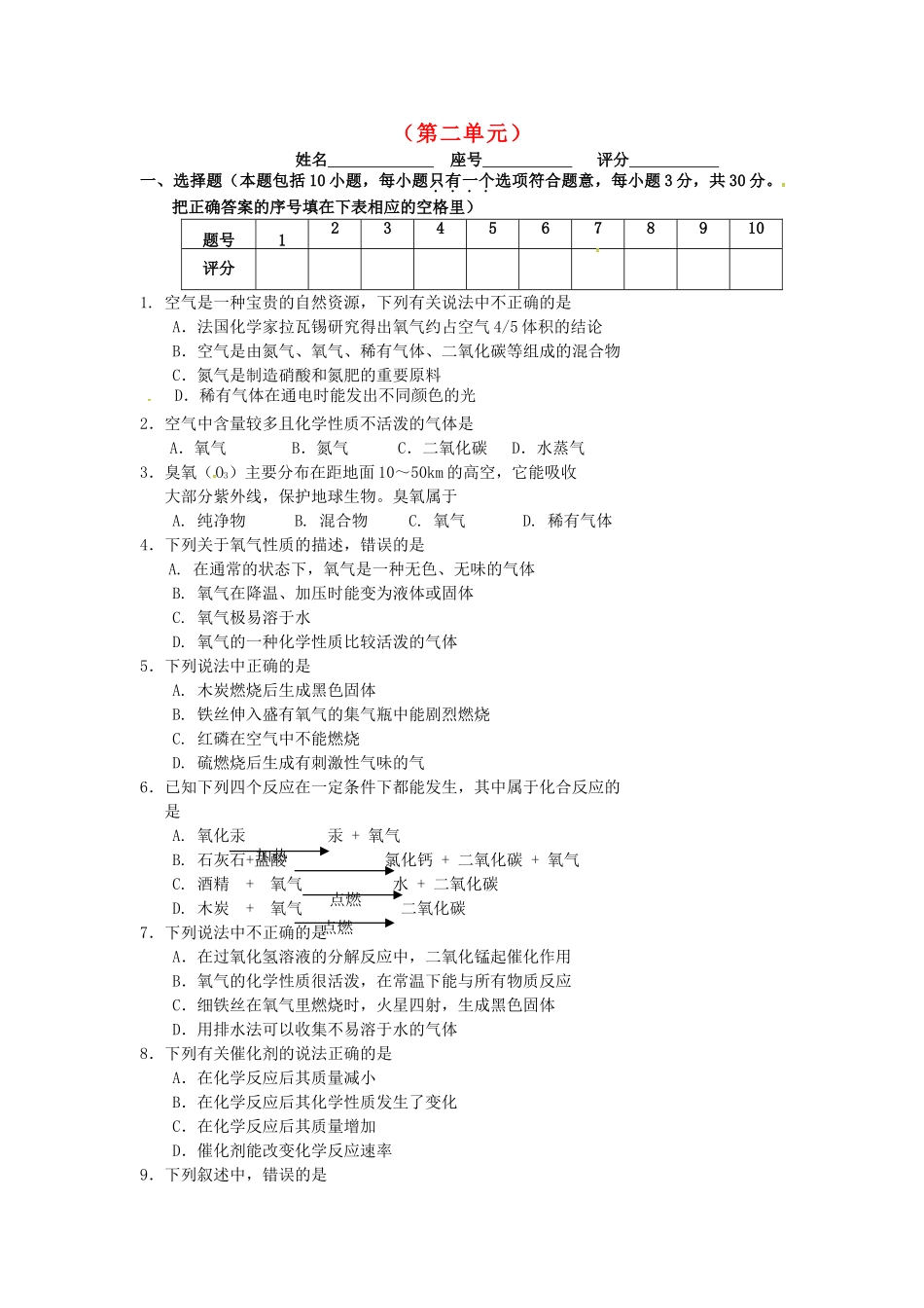 九年级化学上册 第2单元 我们周围的空气综合检测题2(新版)新人教版试卷_第1页