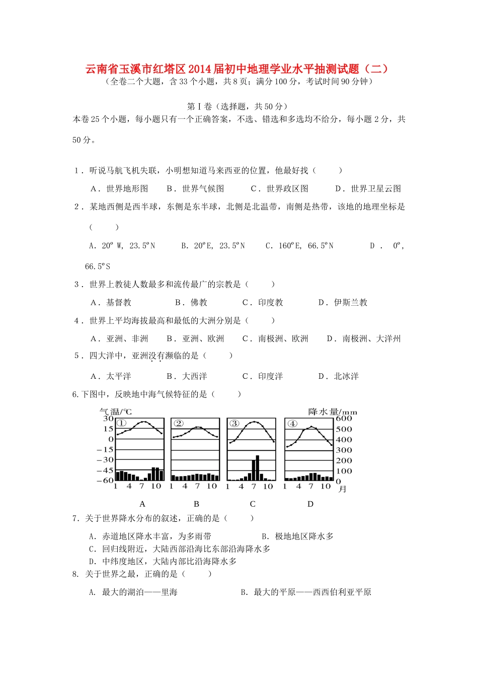 初中地理学业水平抽测试题(二)(无答案) 试题_第1页