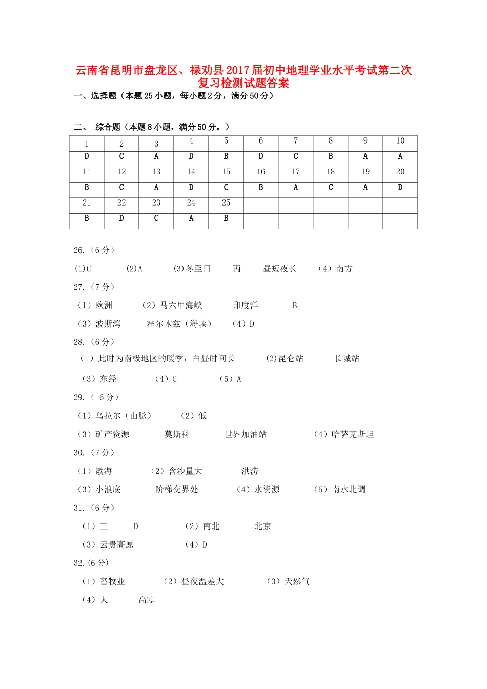 初中地理学业水平考试第二次复习检测试题答案 0607110_第1页