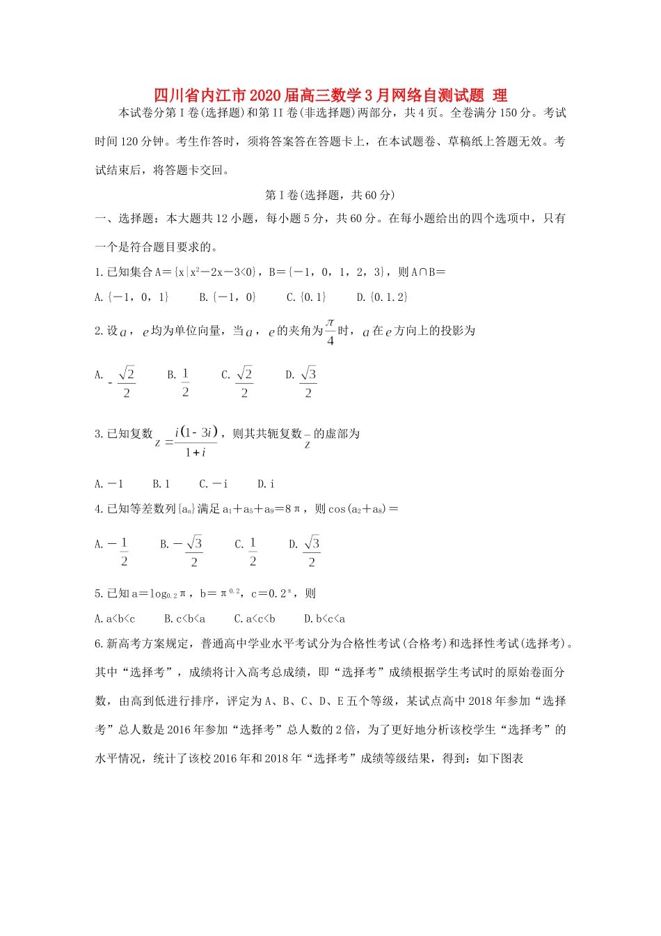 四川省内江市高三数学3月网络自测试卷 理试卷_第1页
