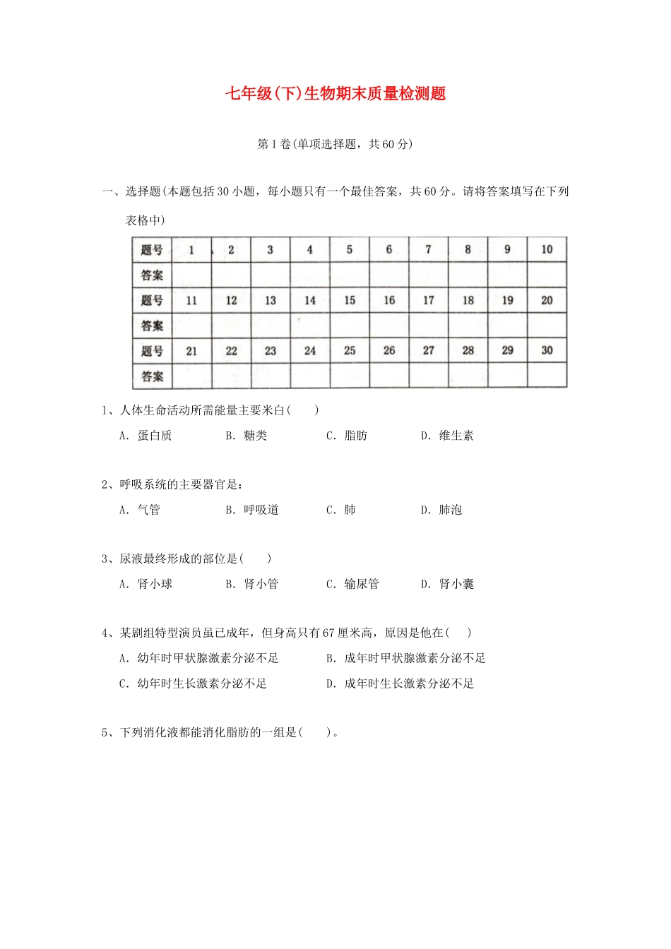 山东省济南师大附属二中—七年级生物下学期期末考试试卷_第1页