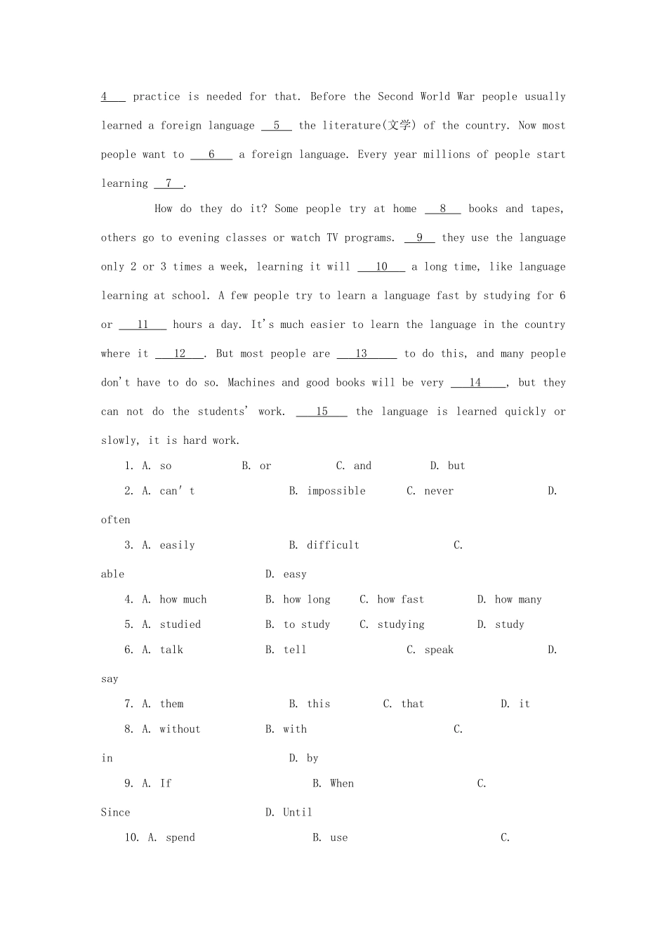 中考英语完形填空训练专家9(含名师点评及答案简析)试卷_第3页