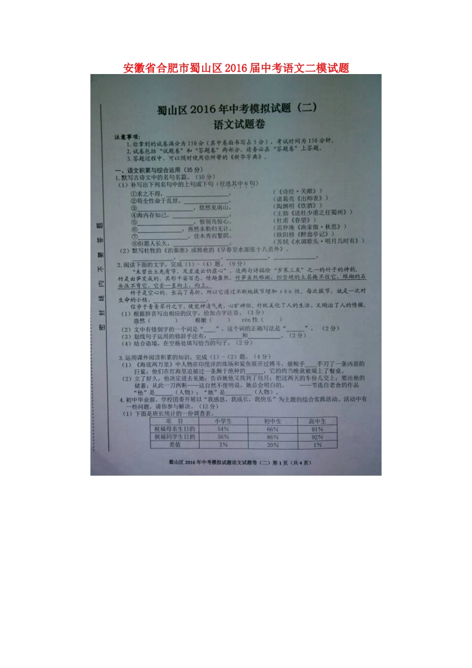 安徽省合肥市蜀山区中考语文二模试卷试卷_第1页