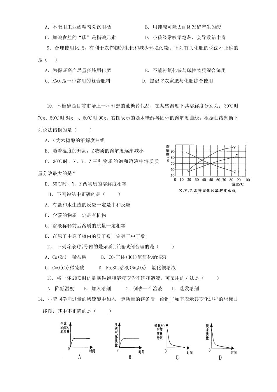 初中毕业暨中等学校招生考试化学卷 新课标 人教版 试题_第2页