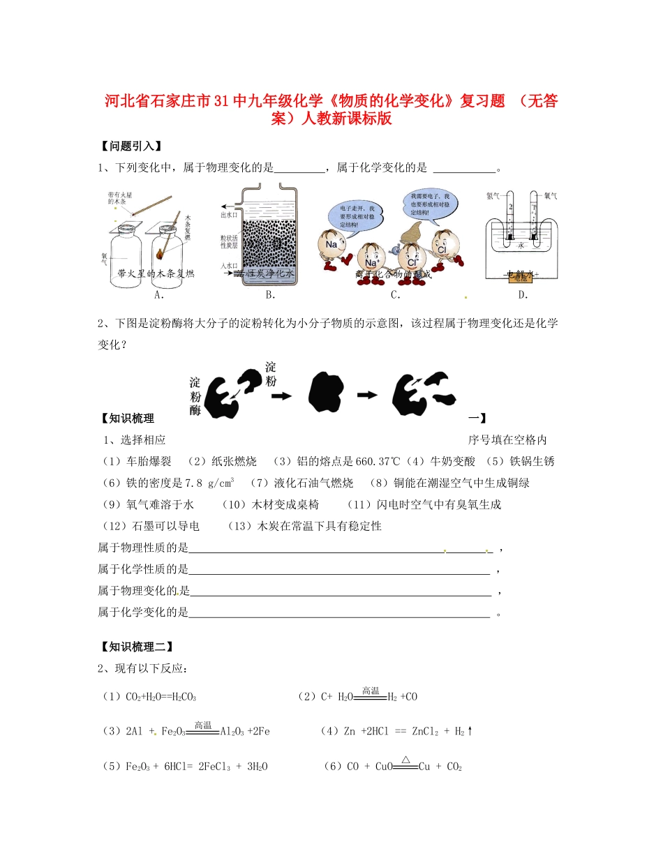 九年级化学(物质的化学变化)复习题 人教新课标版试卷_第1页