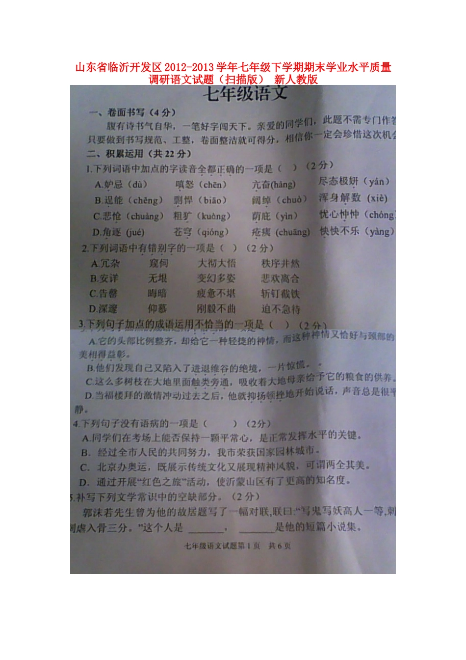 山东省临沂开发区七年级语文下学期期末学业水平质量调研试卷新人教版试卷_第1页
