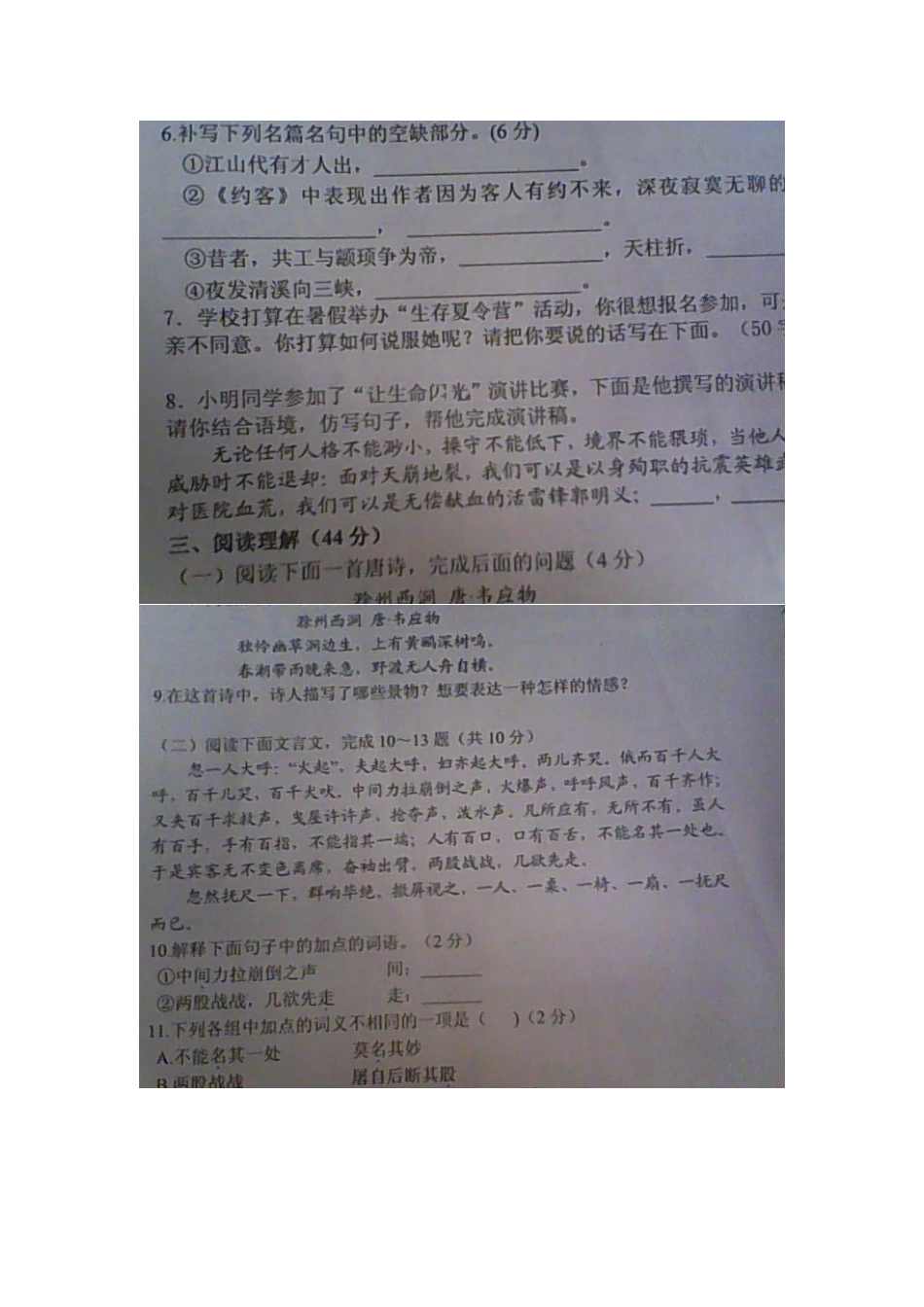 山东省临沂开发区七年级语文下学期期末学业水平质量调研试卷新人教版试卷_第2页