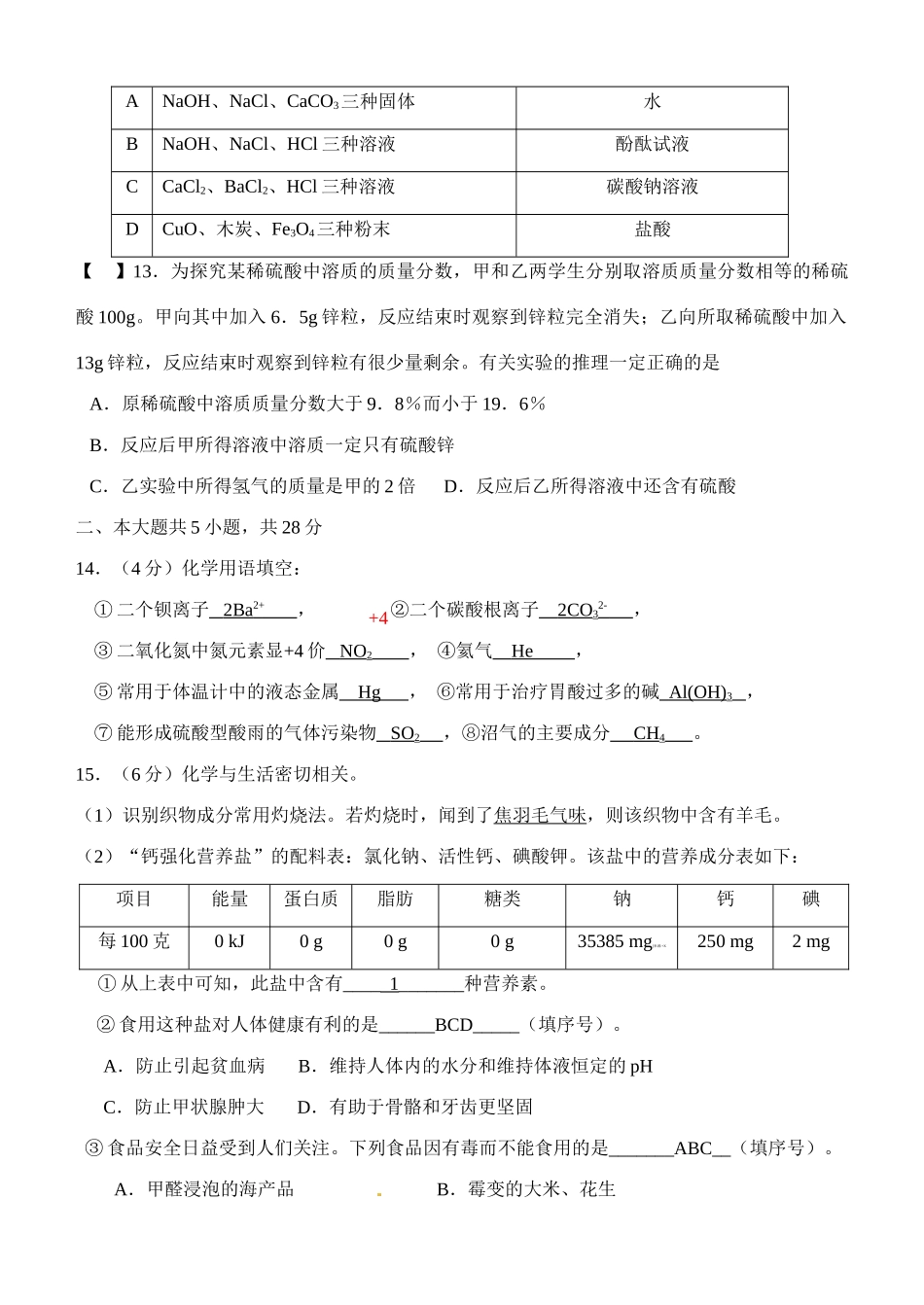 九年级化学中考模拟试卷 人教版试卷_第3页