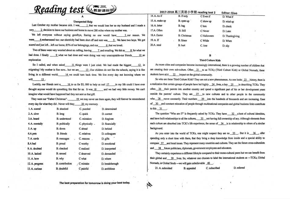小学期 阅读 reading test2(pdf，无答案)试卷_第1页