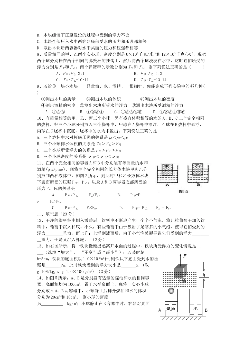 九年级物理 压强和浮力测试卷 人教新课标版试卷_第2页