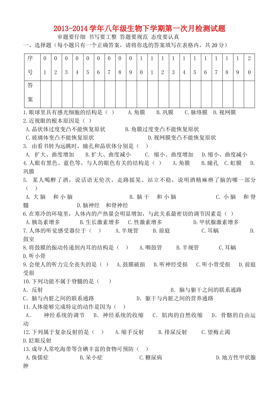 山东省淄博三中八年级生物下学期第一次月检测试卷 新人教版试卷_第1页