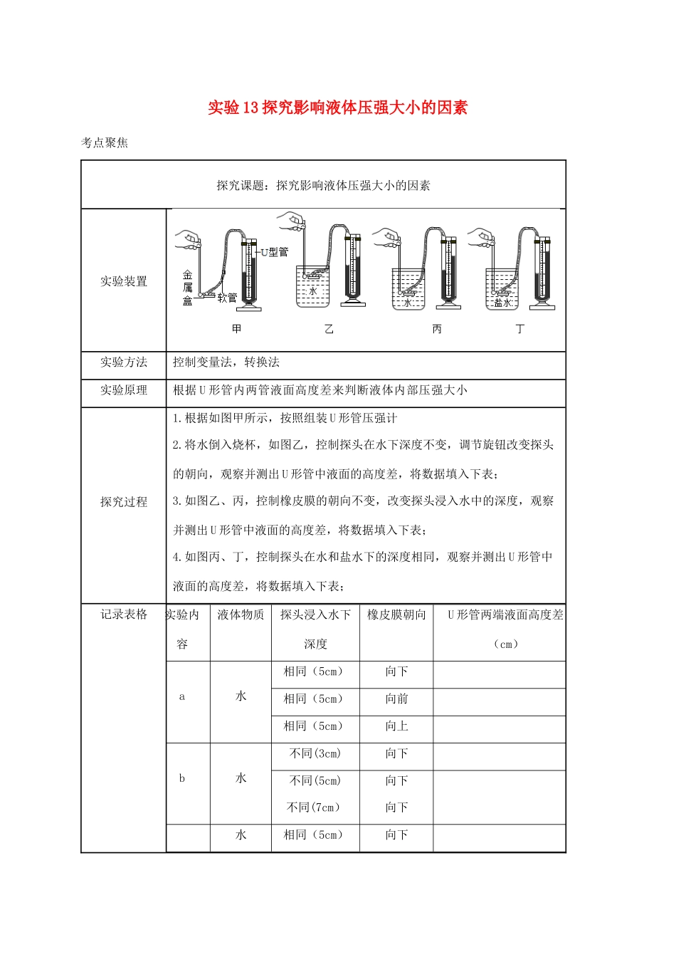 中考物理必考实验精解精练专题 实验13 探究影响液体压强大小的因素试卷_第1页