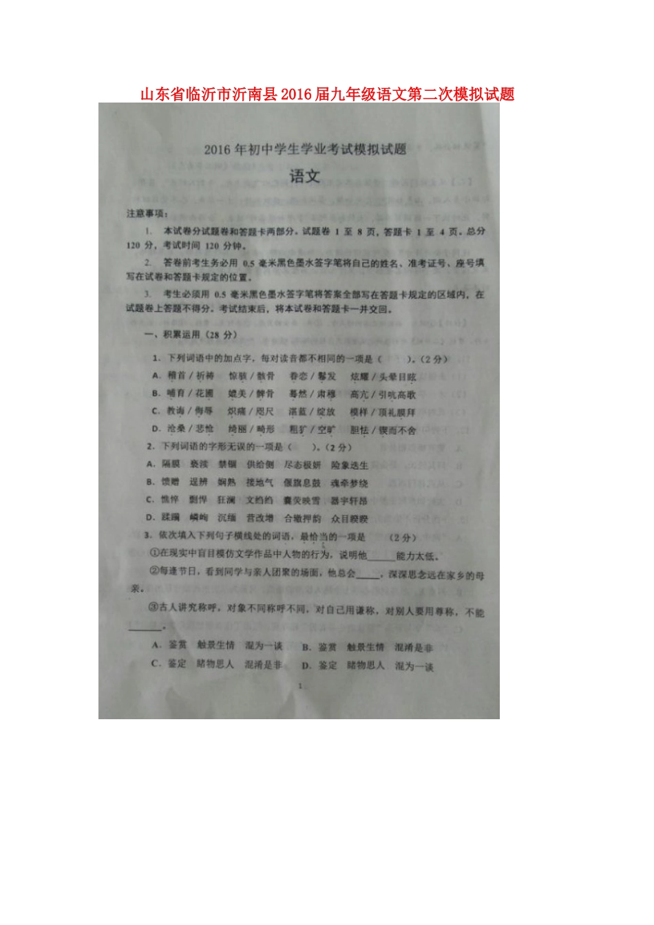 山东省临沂市沂南县九年级语文第二次模拟试卷试卷_第1页