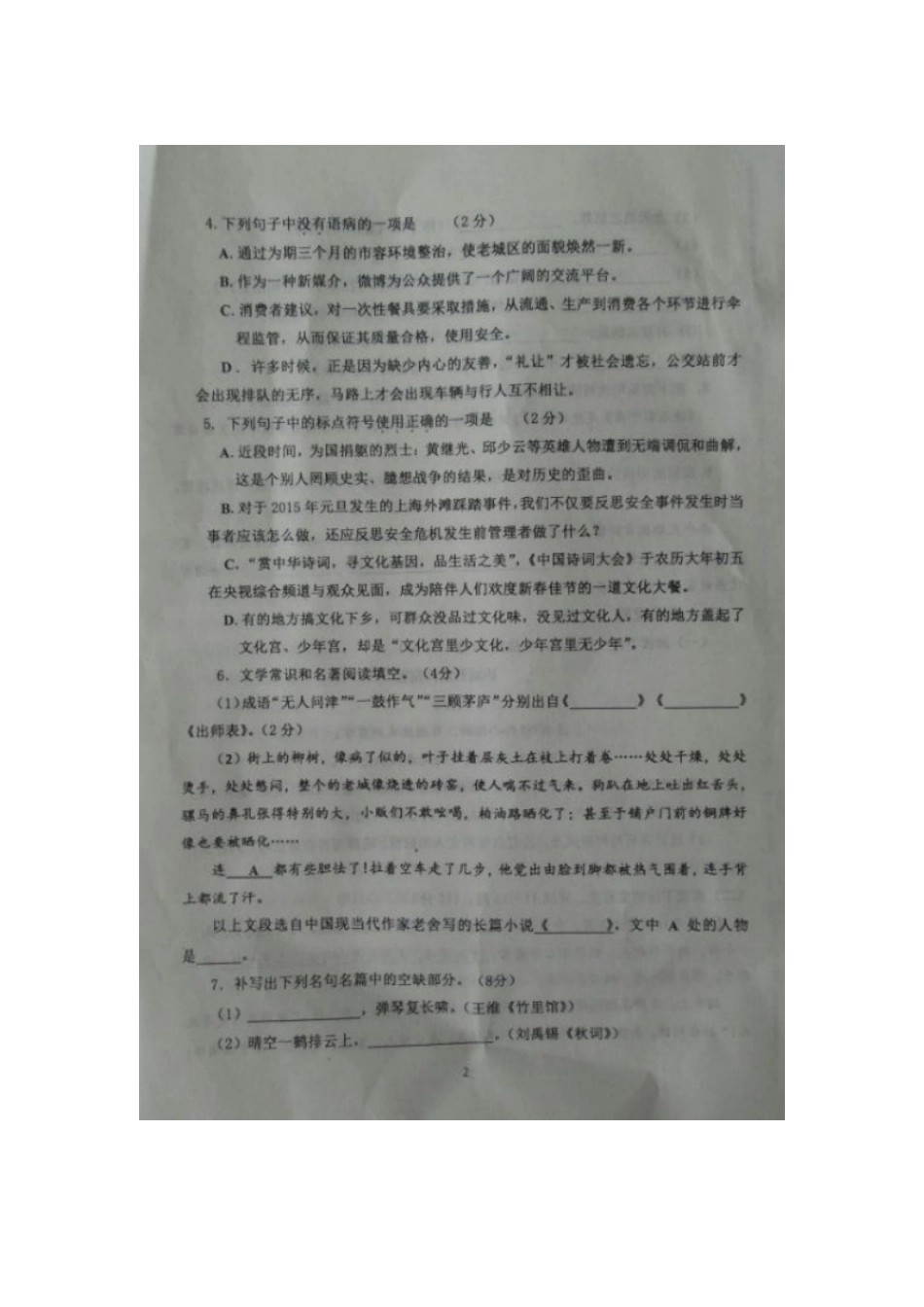 山东省临沂市沂南县九年级语文第二次模拟试卷试卷_第2页