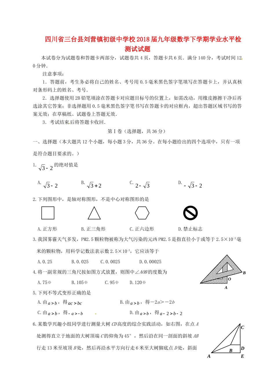 九年级数学下学期学业水平检测试试卷_第1页