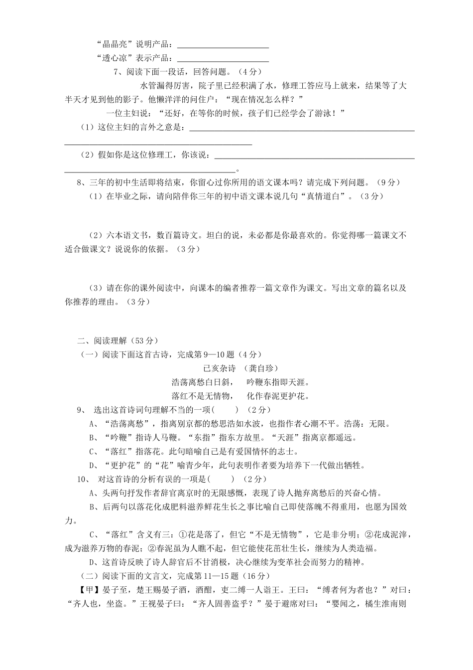 中考语文模拟考试卷九 人教版试卷_第2页