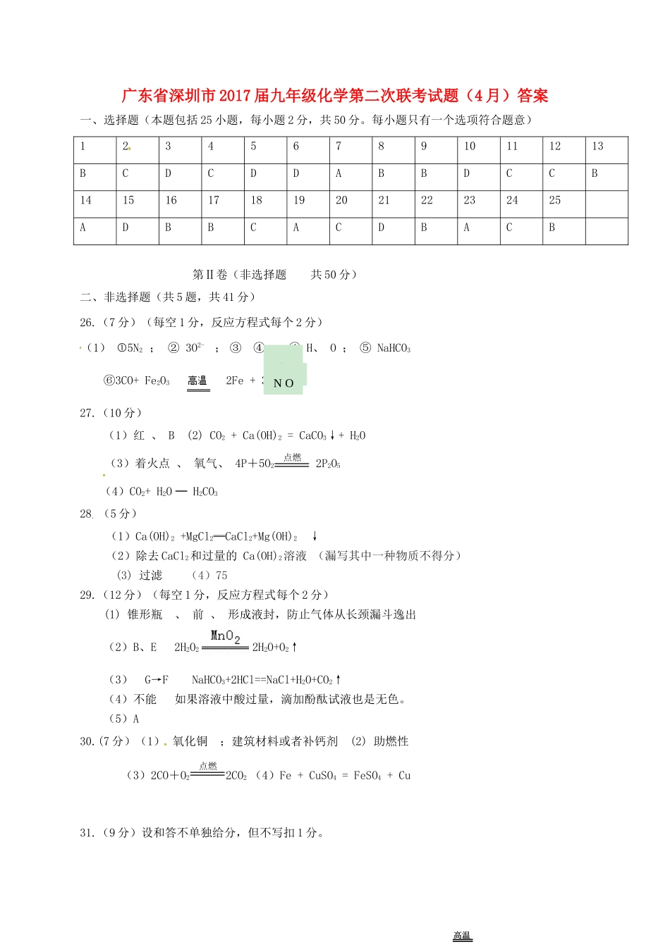 九年级化学第二次联考试卷(4月)答案 广东省深圳市九年级化学第二次联考试卷(4月)(pdf)_第1页