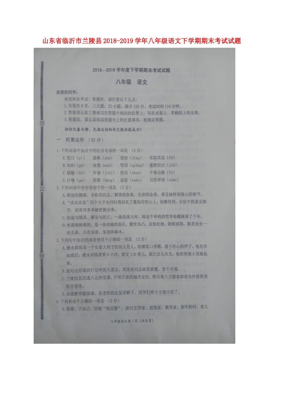 山东省临沂市兰陵县 八年级语文下学期期末考试试卷试卷_第1页