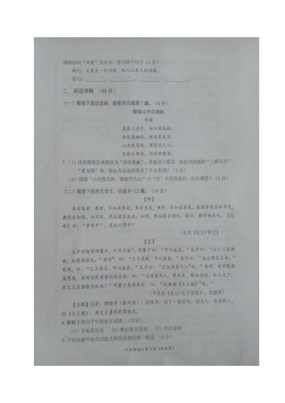 山东省临沂市兰陵县 八年级语文下学期期末考试试卷试卷_第3页