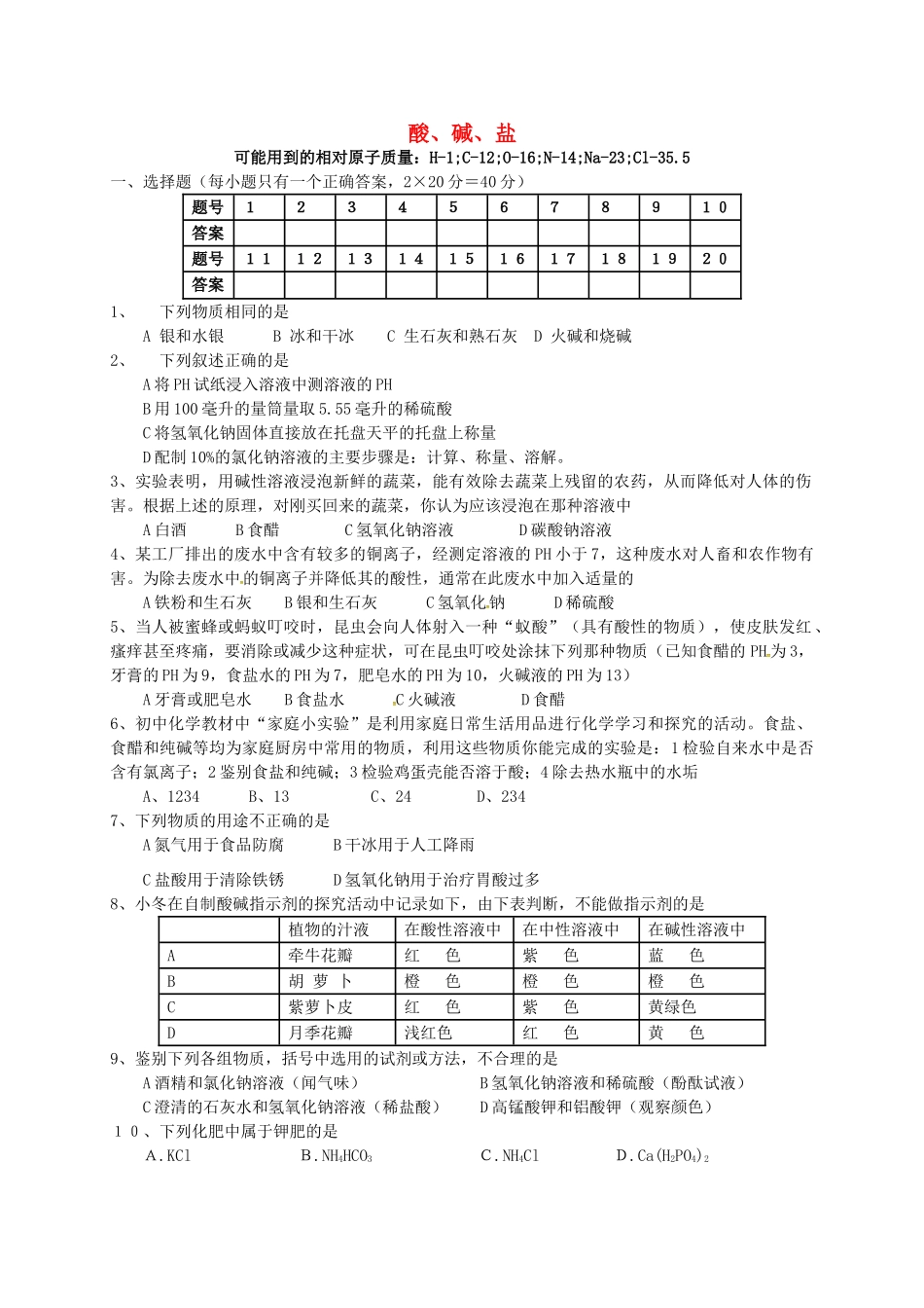 九年级化学下册 酸碱盐测试卷 新人教版试卷_第1页