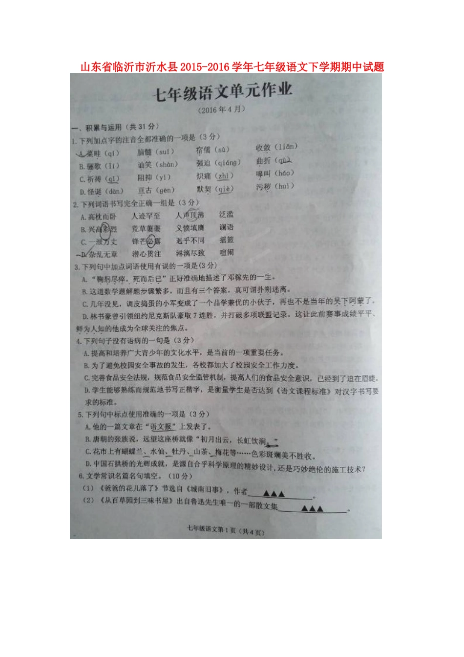 山东省临沂市沂水县七年级语文下学期期中试卷新人教版试卷_第1页