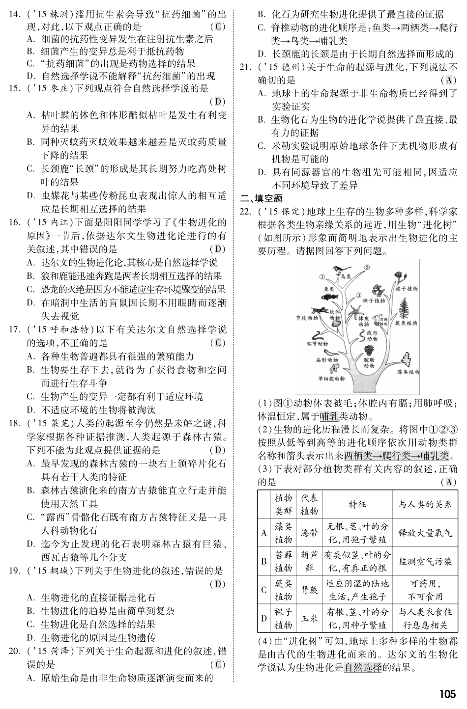 中考生物 第一部分 教材知识梳理 第5单元 第16章 生命起源和生物进化复习专题综合训练(pdf，含解析) 苏教版试卷_第2页