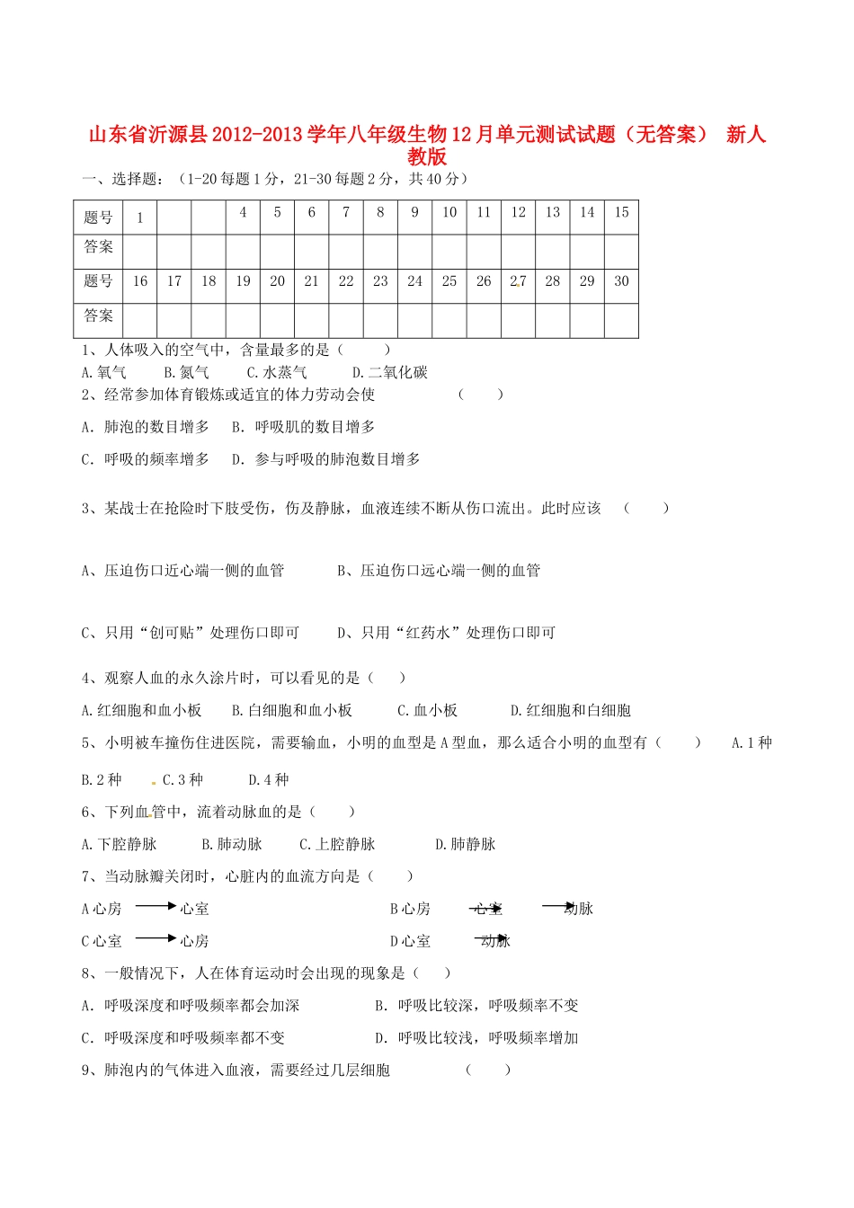 山东省沂源县八年级生物12月单元测试试卷 新人教版试卷_第1页