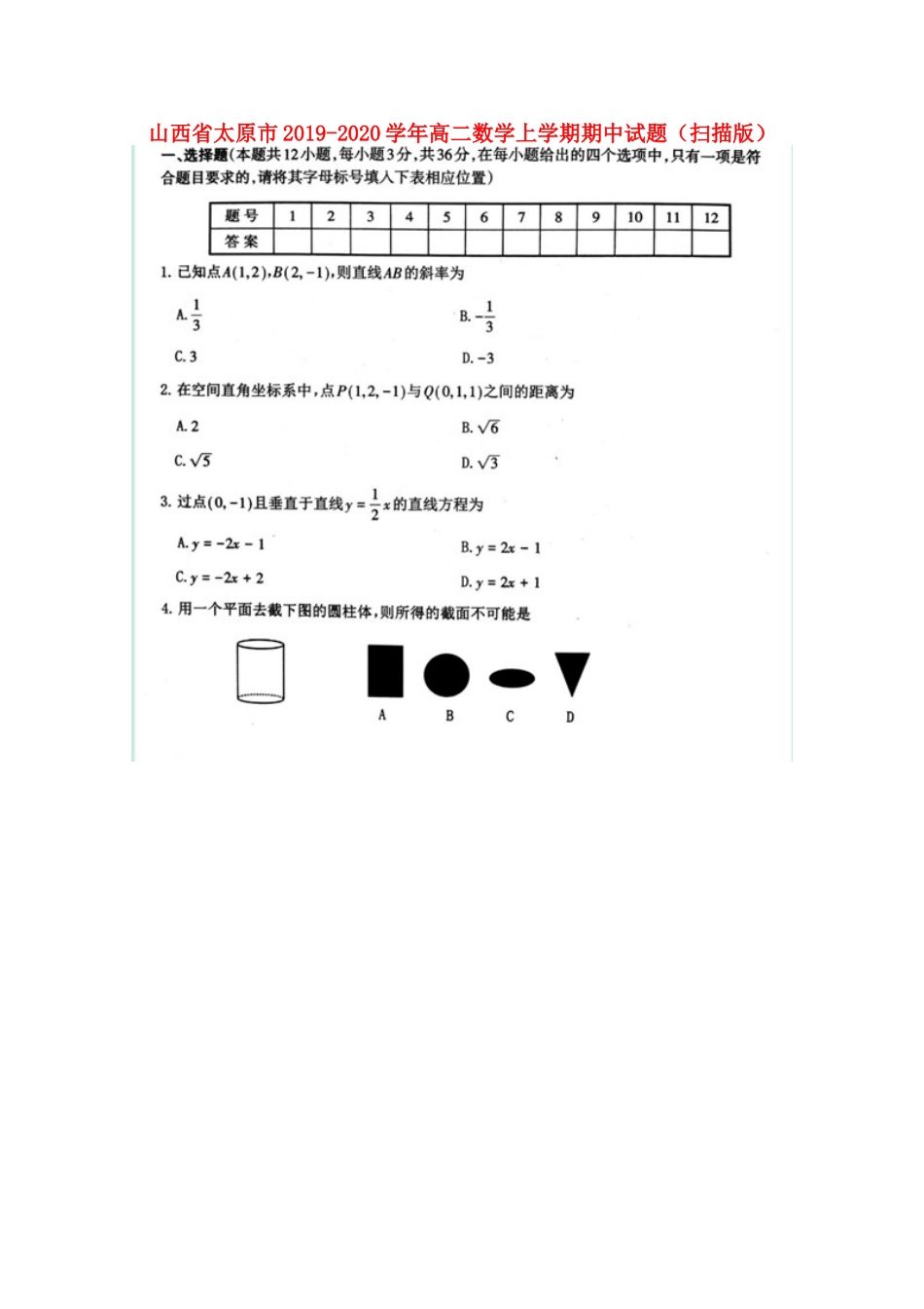山西省太原市 高二数学上学期期中试卷试卷_第1页