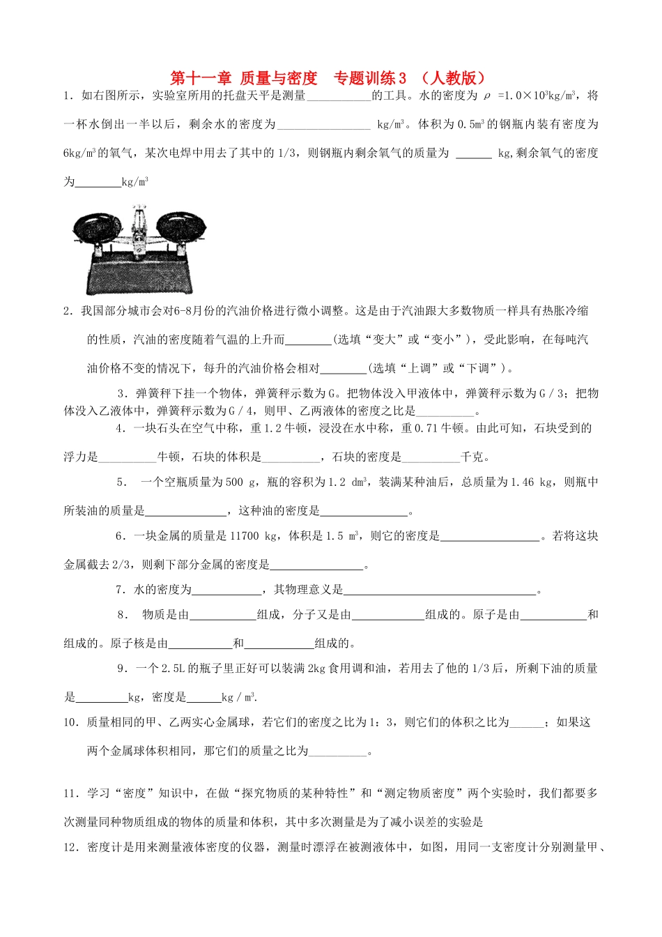 九年级物理 第十一章质量与密度专题训练3 人教新课标版试卷_第1页