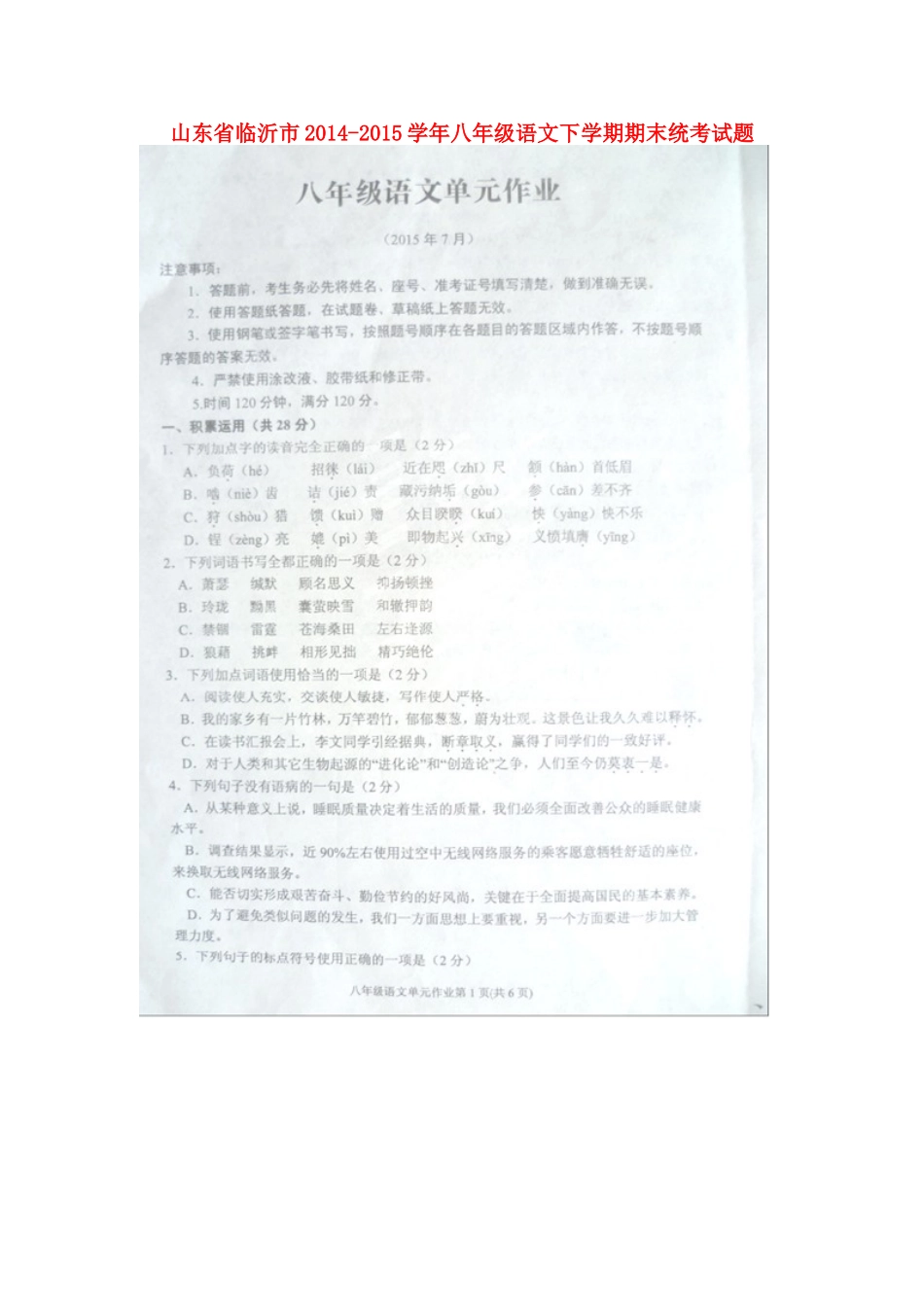 山东省临沂市 八年级语文下学期期末统考试卷新人教版试卷_第1页