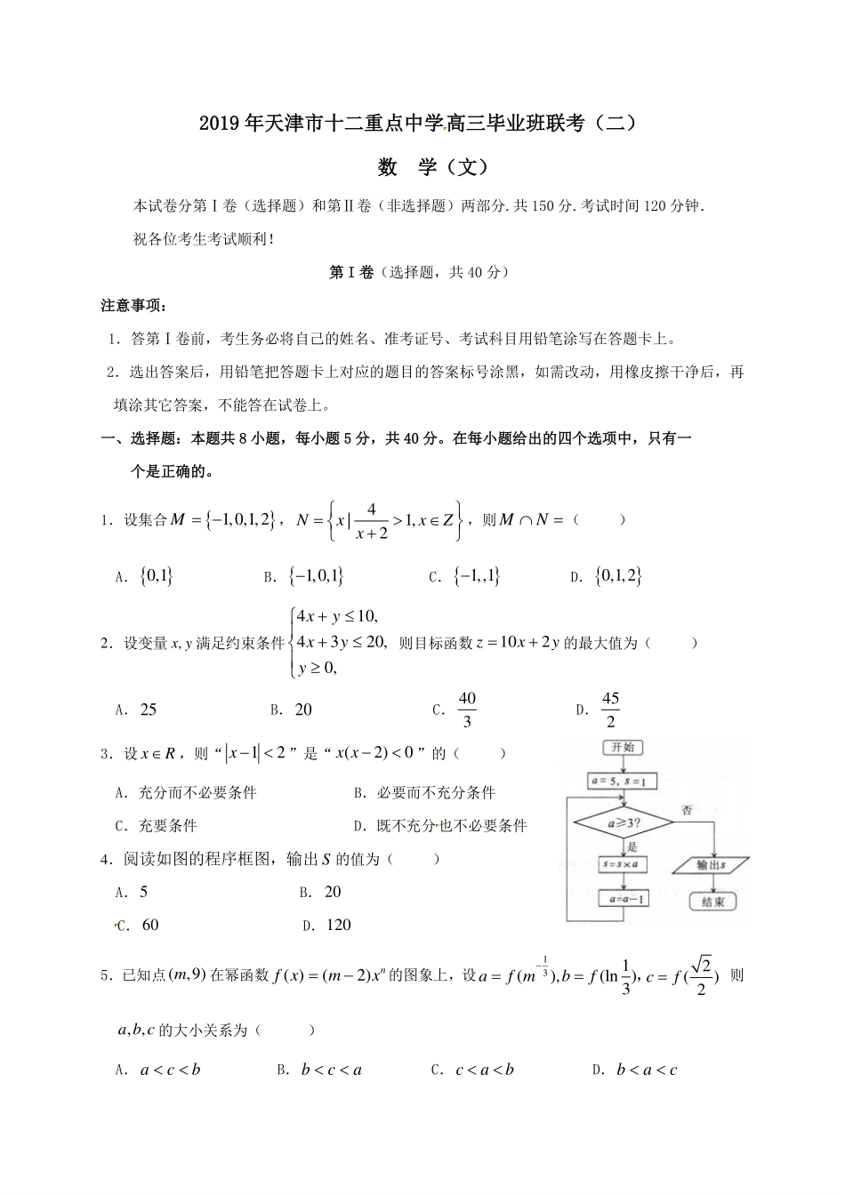 天津市十二校联考高三数学下学期二模考试试卷 文(PDF)试卷_第1页