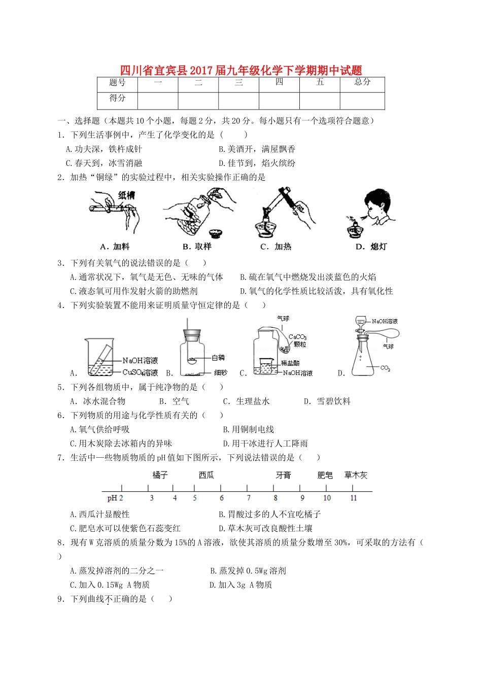 四川省宜宾县届九年级化学下学期期中试卷_第1页
