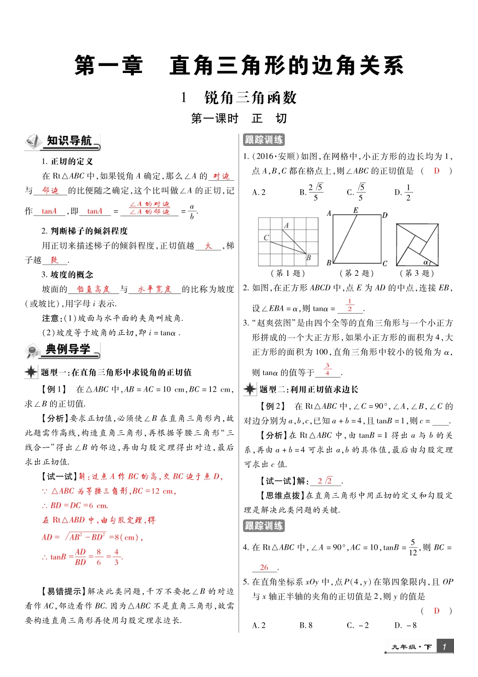 九年级数学下册 第一章 直角三角形的边角关系导学练(pdf)(新版)北师大版试卷_第1页