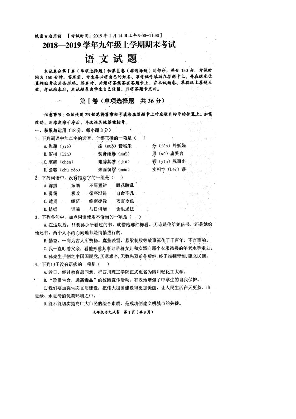 四川省自贡市九年级语文上学期期末考试试卷 新人教版试卷_第2页