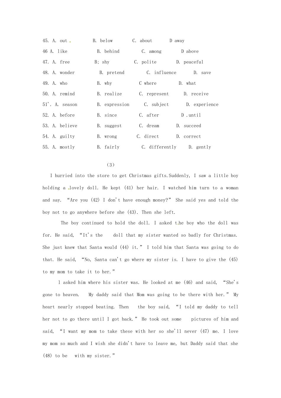 中考英语 完形填空专练试卷_第3页