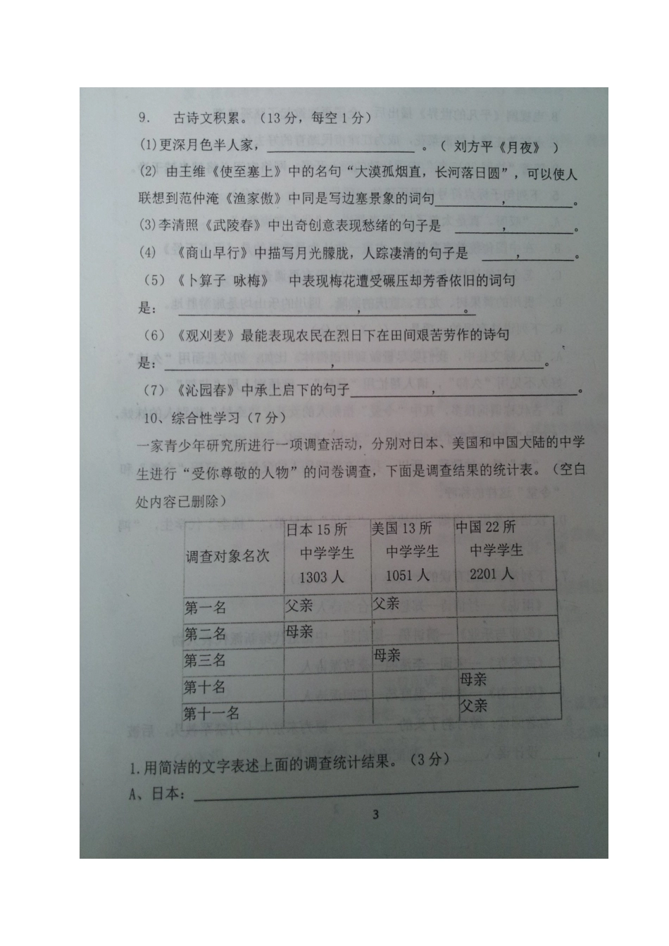 山东省庆云县九年级语文上学期第一次月考试卷新人教版试卷_第3页