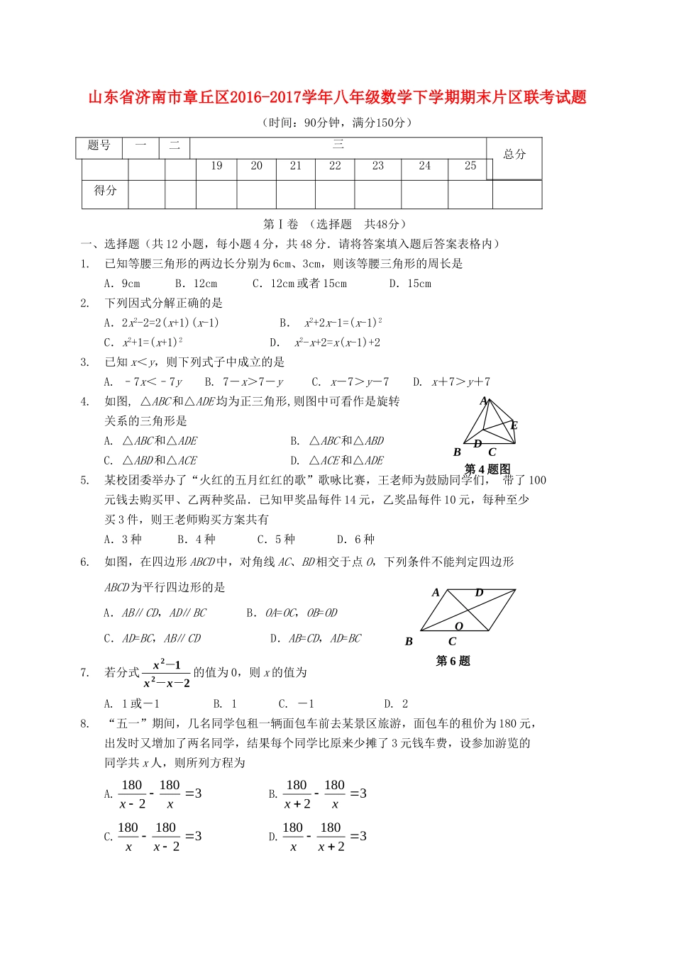 山东省济南市章丘区 八年级数学下学期期末片区联考试卷_第1页