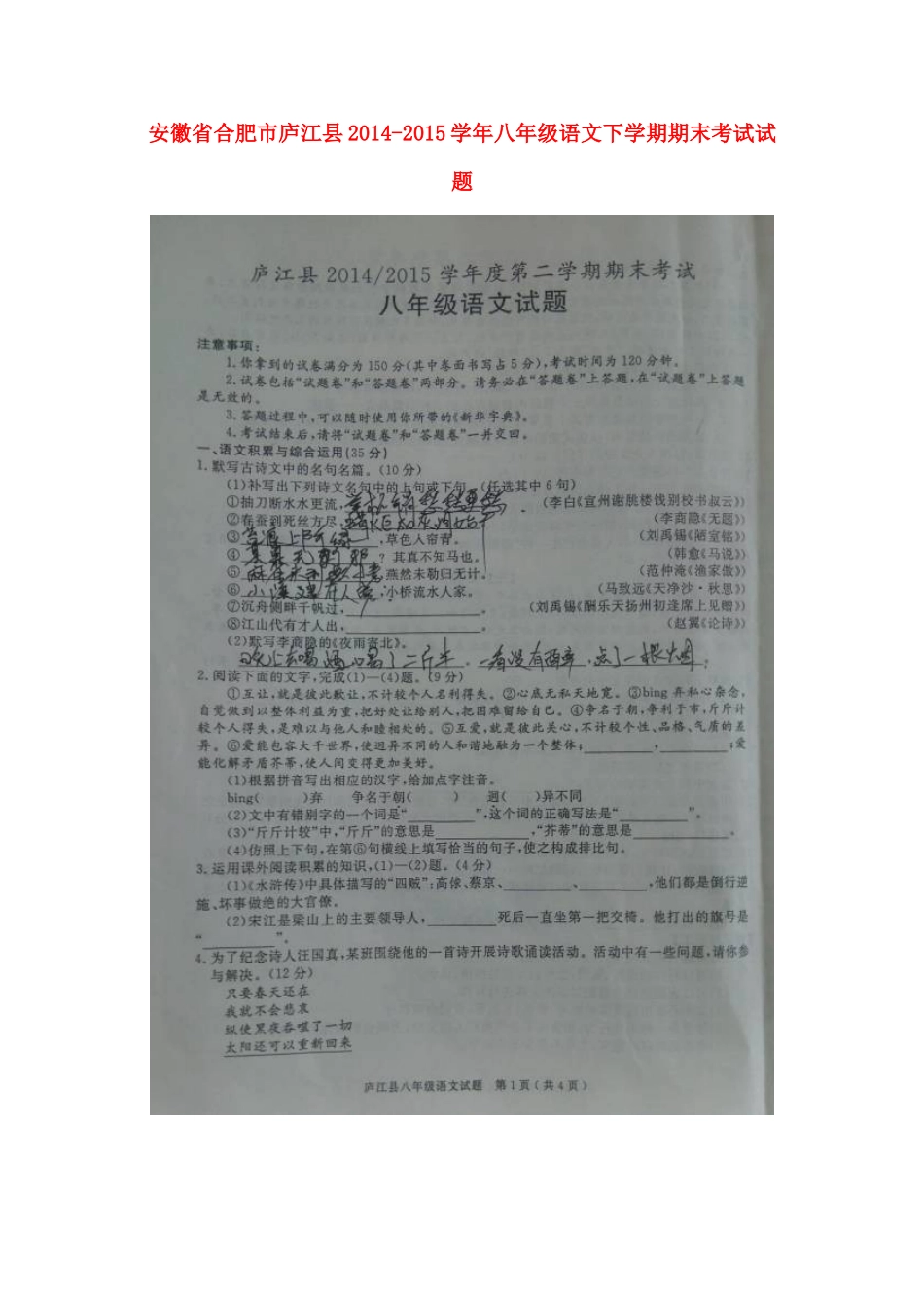 安徽省合肥市庐江县 八年级语文下学期期末考试试卷苏教版试卷_第1页